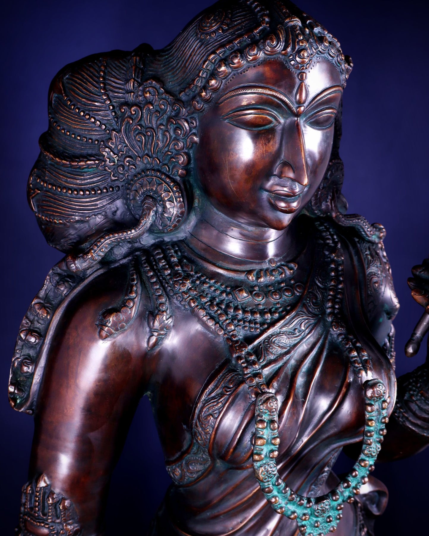 Chola Style Apsara Holding a Mirror – Large Vintage Finish Sculpture 50 inch