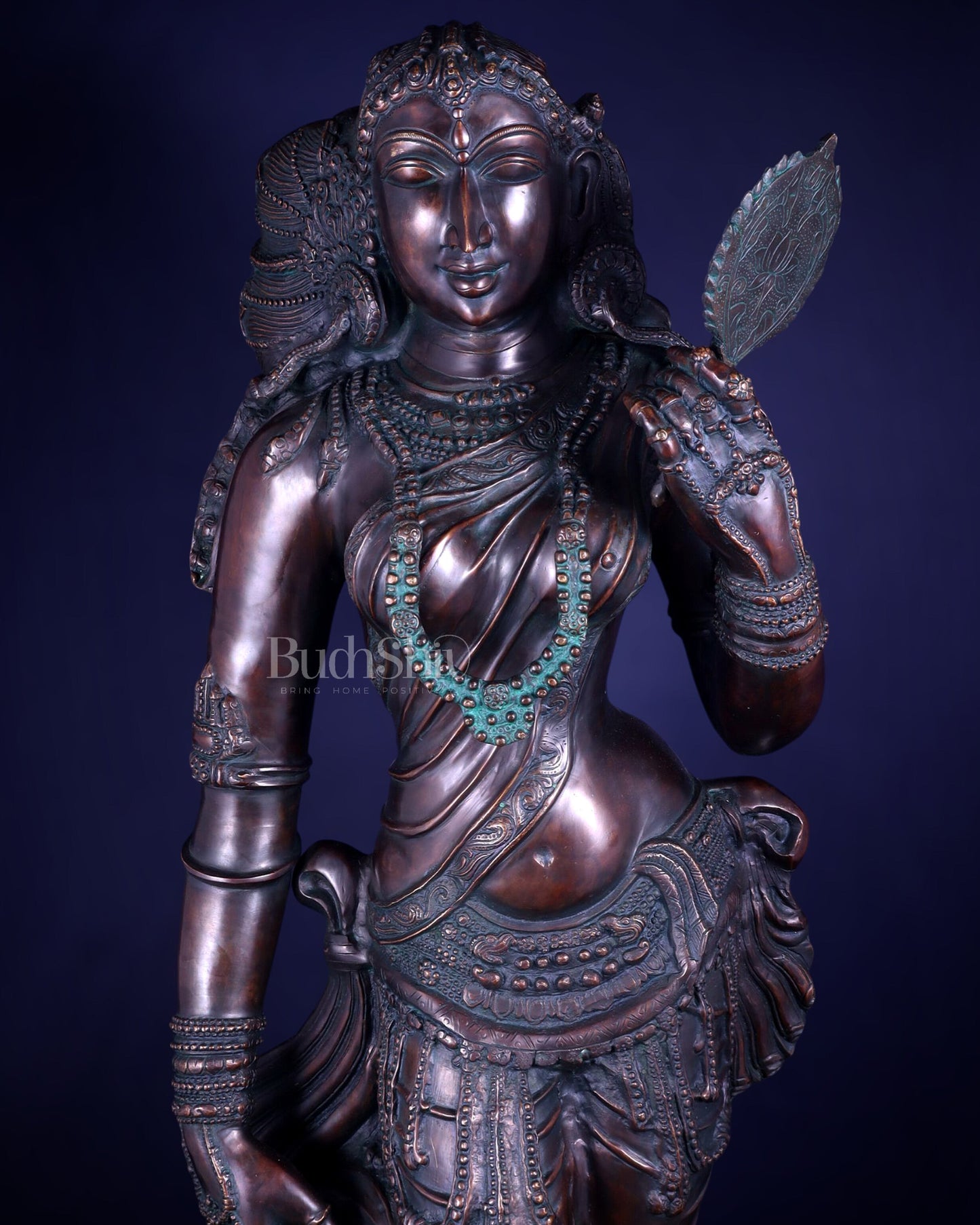 Chola Style Apsara Holding a Mirror – Large Vintage Finish Sculpture 50 inch
