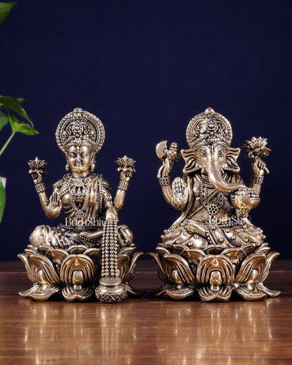 Brass Superfine Ganesha Lakshmi Idol on Lotus Base 5 inch