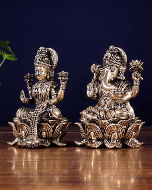 Brass Superfine Ganesha Lakshmi Idol on Lotus Base 5 inch