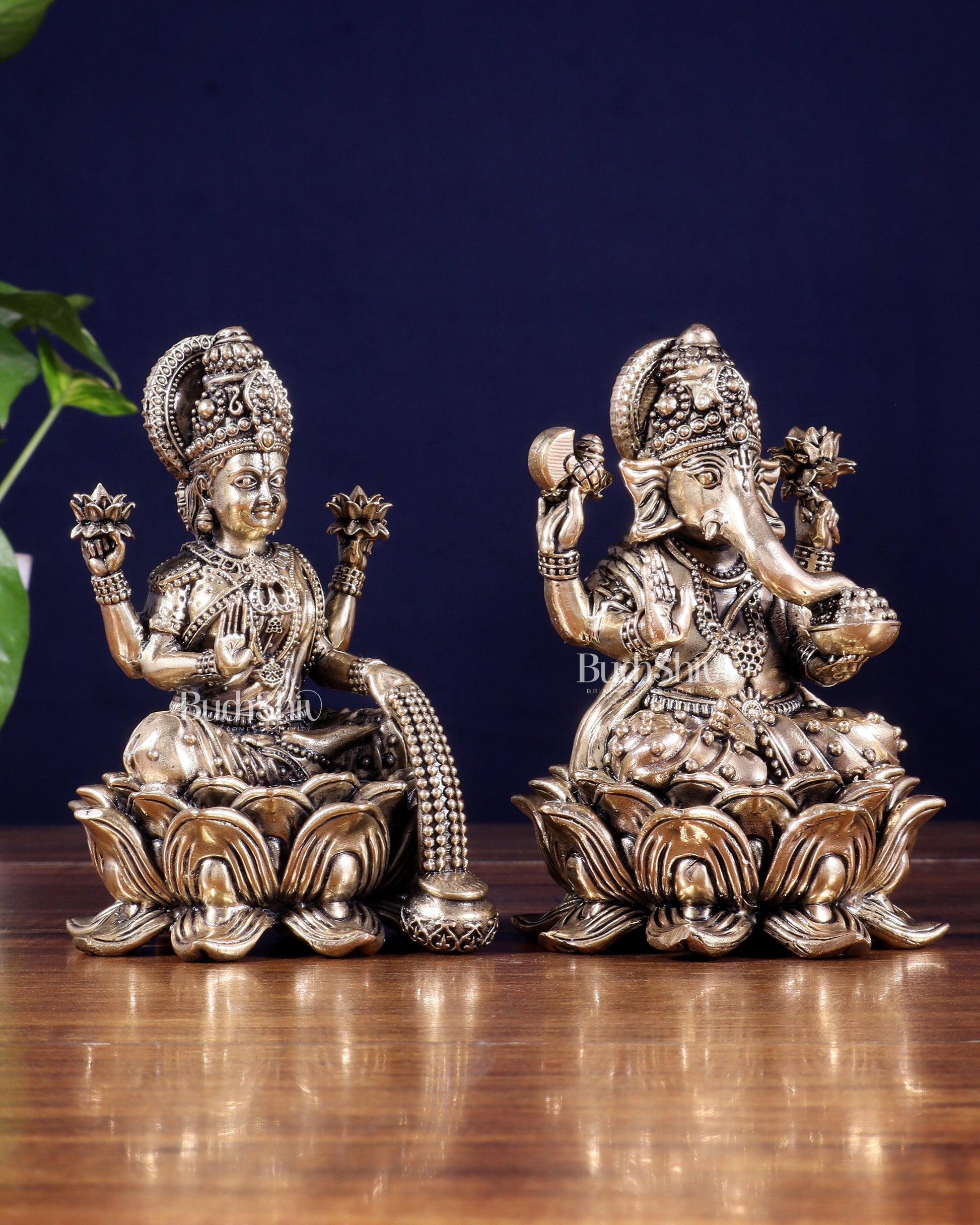 Brass Superfine Ganesha Lakshmi Idol on Lotus Base 5 inch