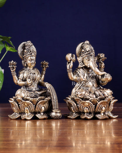 Brass Superfine Ganesha Lakshmi Idol on Lotus Base 5 inch