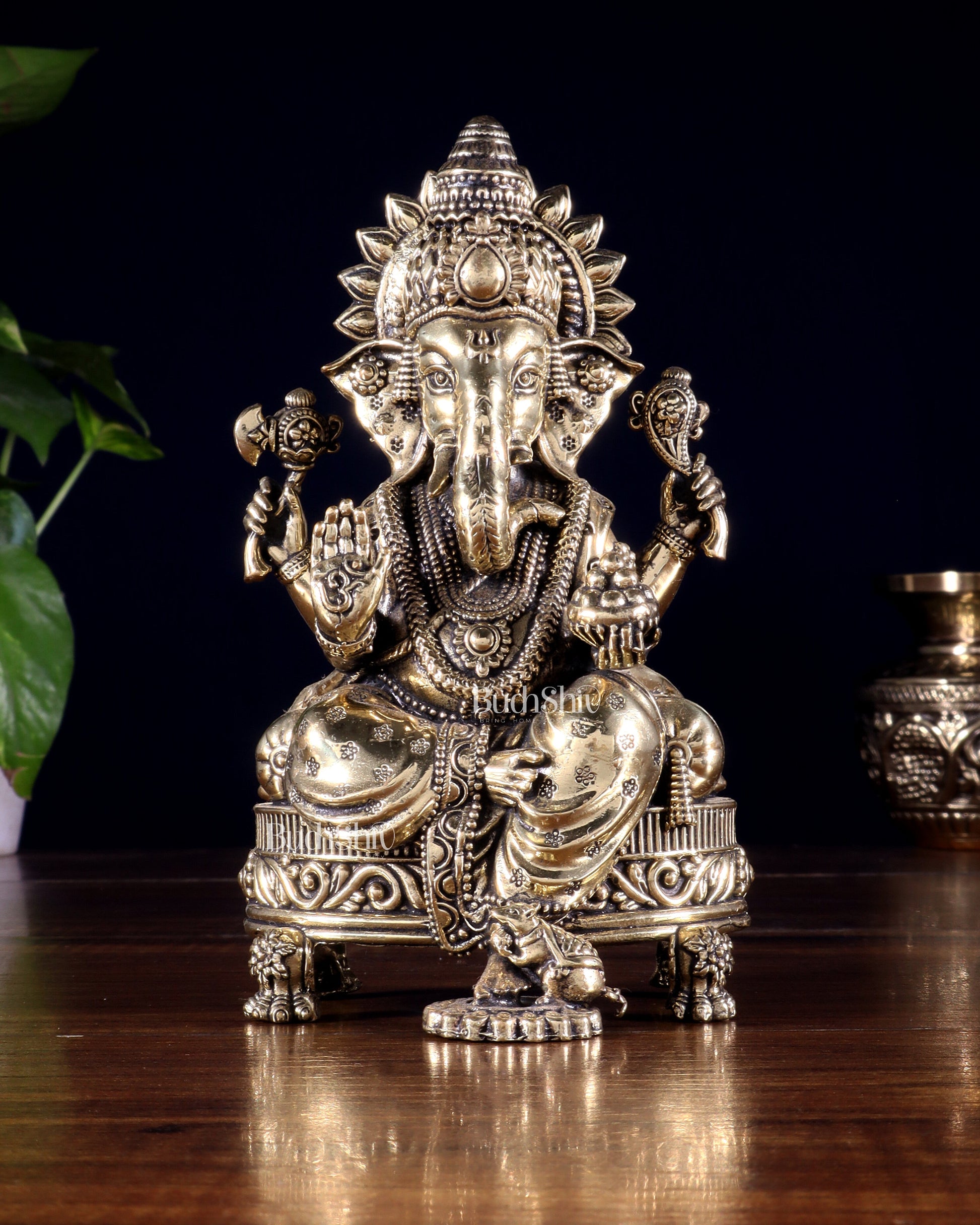 Brass Superfine Ganesha Seated on Throne Idol 6 inch