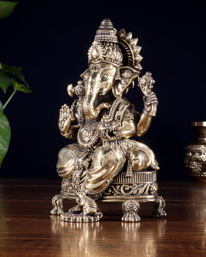 Brass Superfine Ganesha Seated on Throne Idol 6 inch