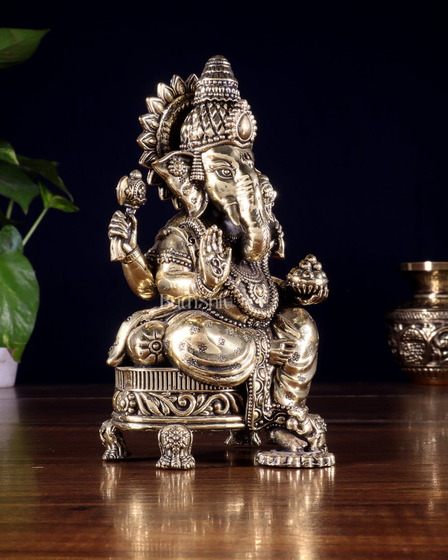 Brass Superfine Ganesha Seated on Throne Idol 6 inch