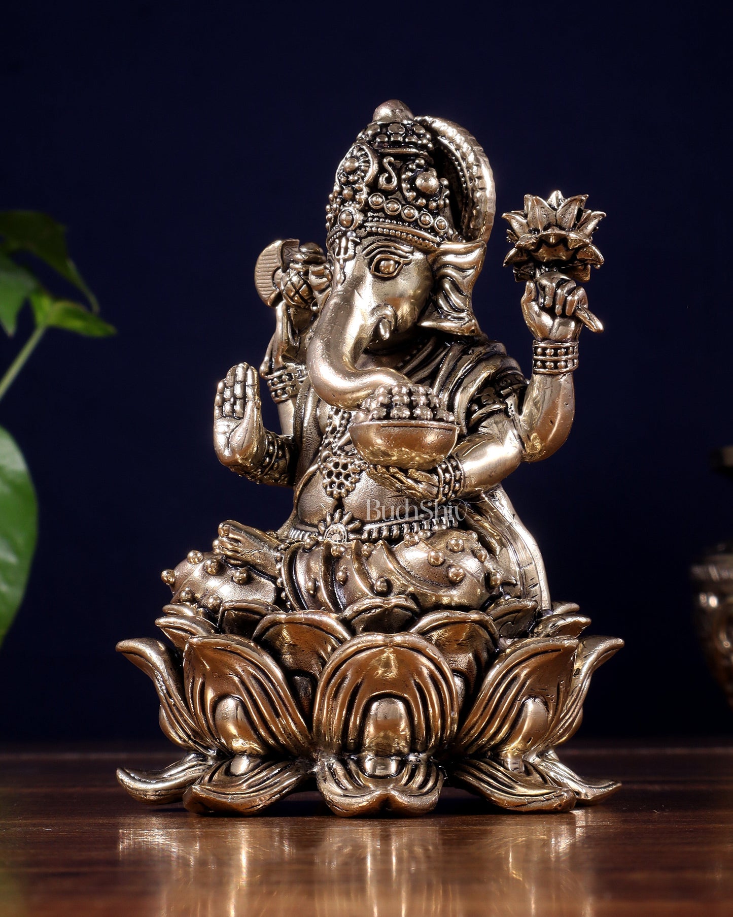 Brass Superfine Ganesha Idol on Lotus Base 5"