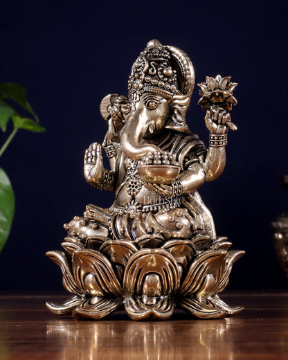 Brass Superfine Ganesha Idol on Lotus Base 5"
