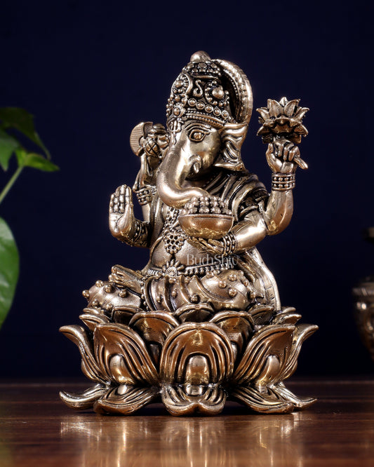 Brass Superfine Ganesha Idol on Lotus Base 5"