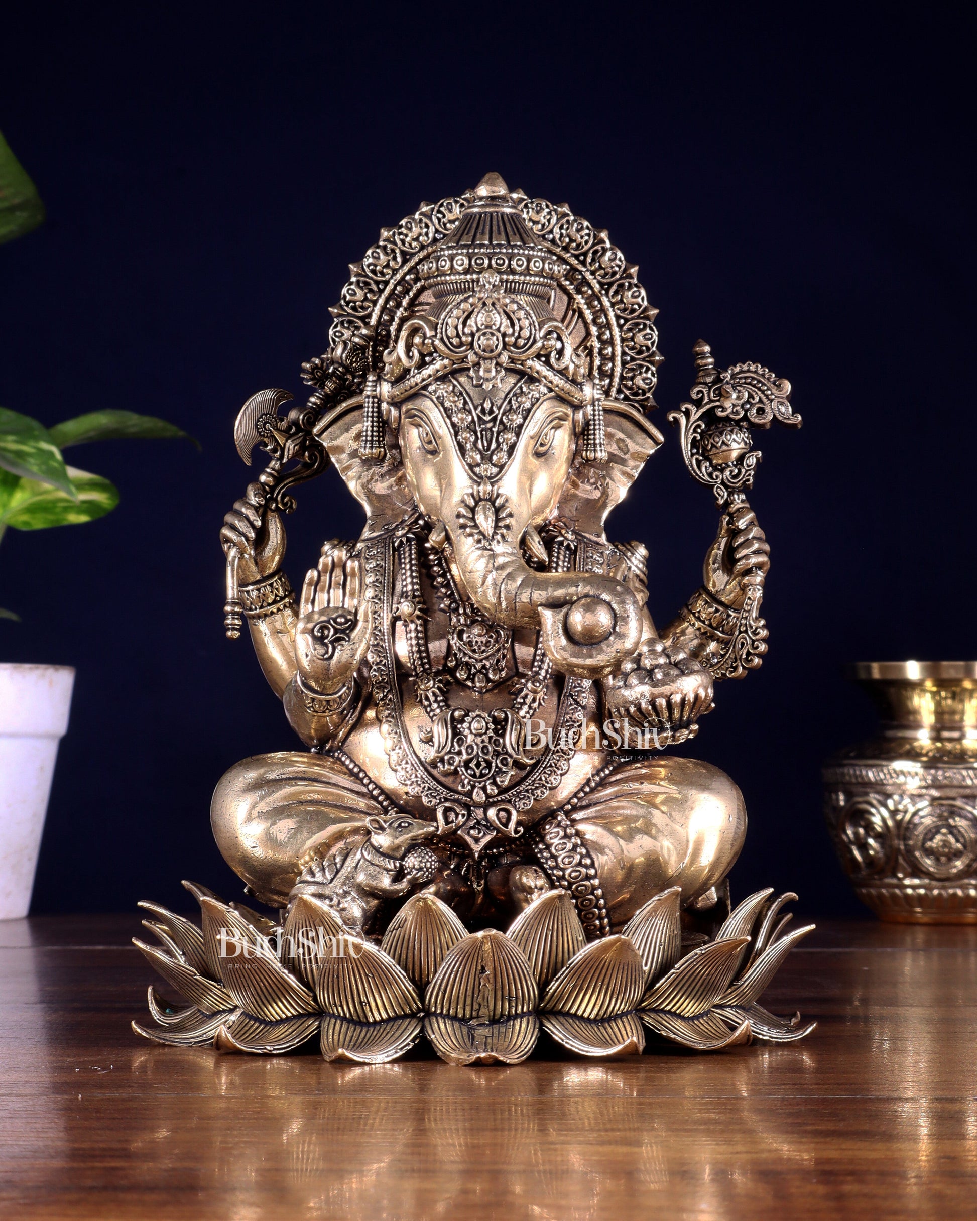 Brass Superfine Lord Ganesha Statue with Enhanced Carvings 8 inch
