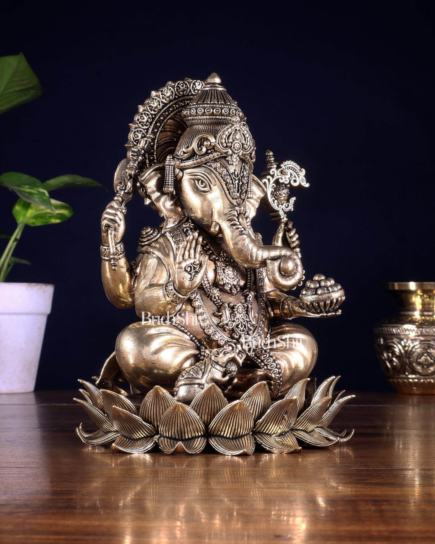 Brass Superfine Lord Ganesha Statue with Enhanced Carvings 8 inch