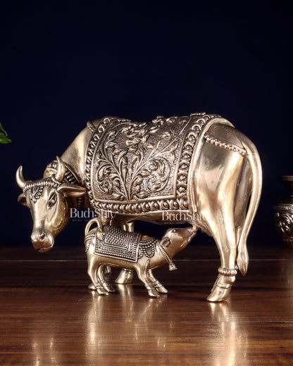 Brass Superfine Kamdhenu Cow with Calf – Intricate Hollow-Casted Idol 8 inch