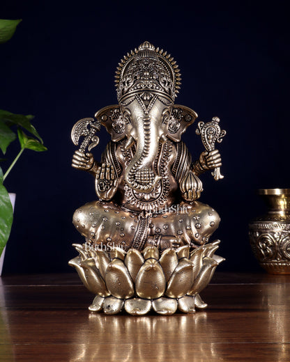 Brass Superfine Lord Ganesha on Lotus Idol 8 inch