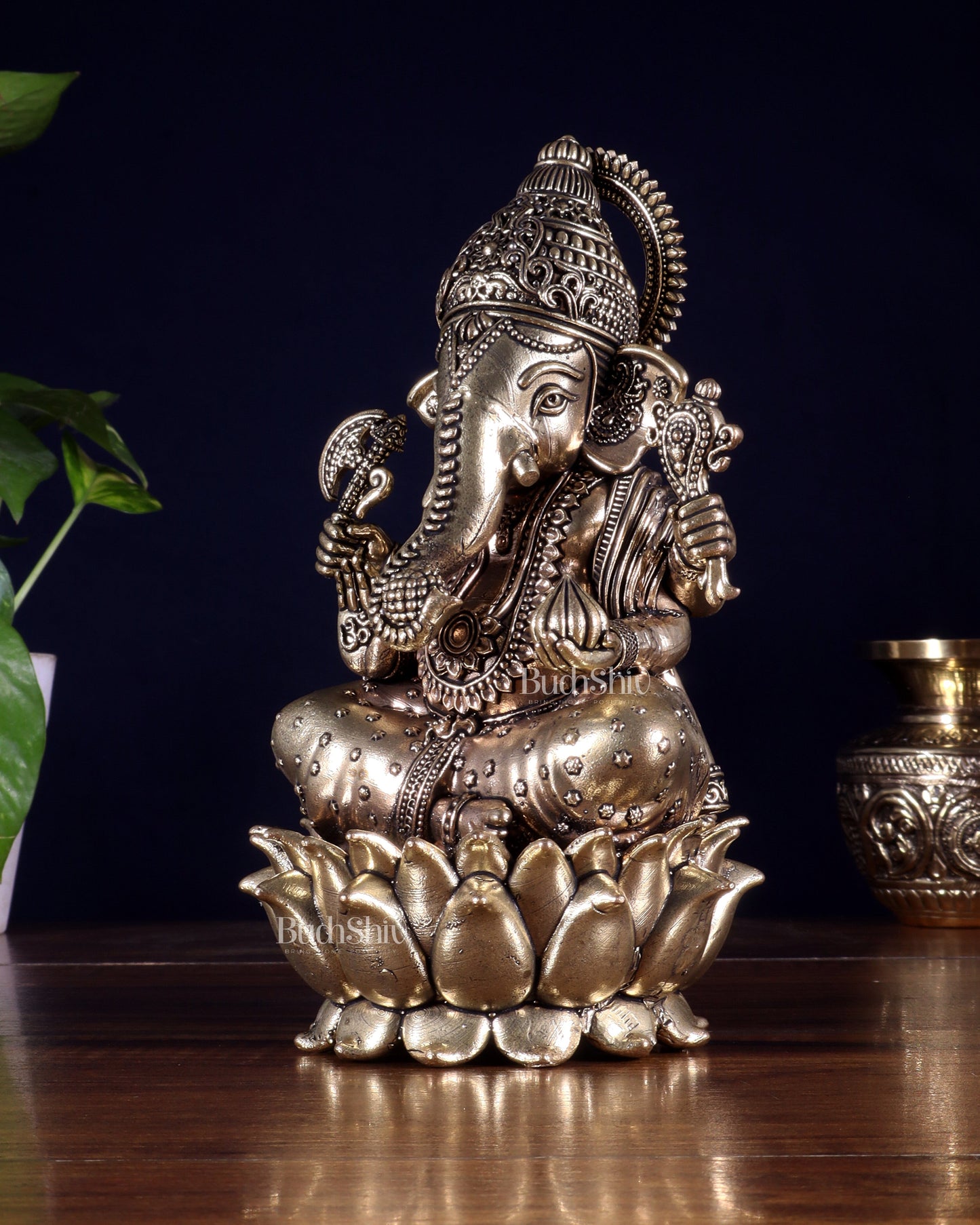 Brass Superfine Lord Ganesha on Lotus Idol 8 inch