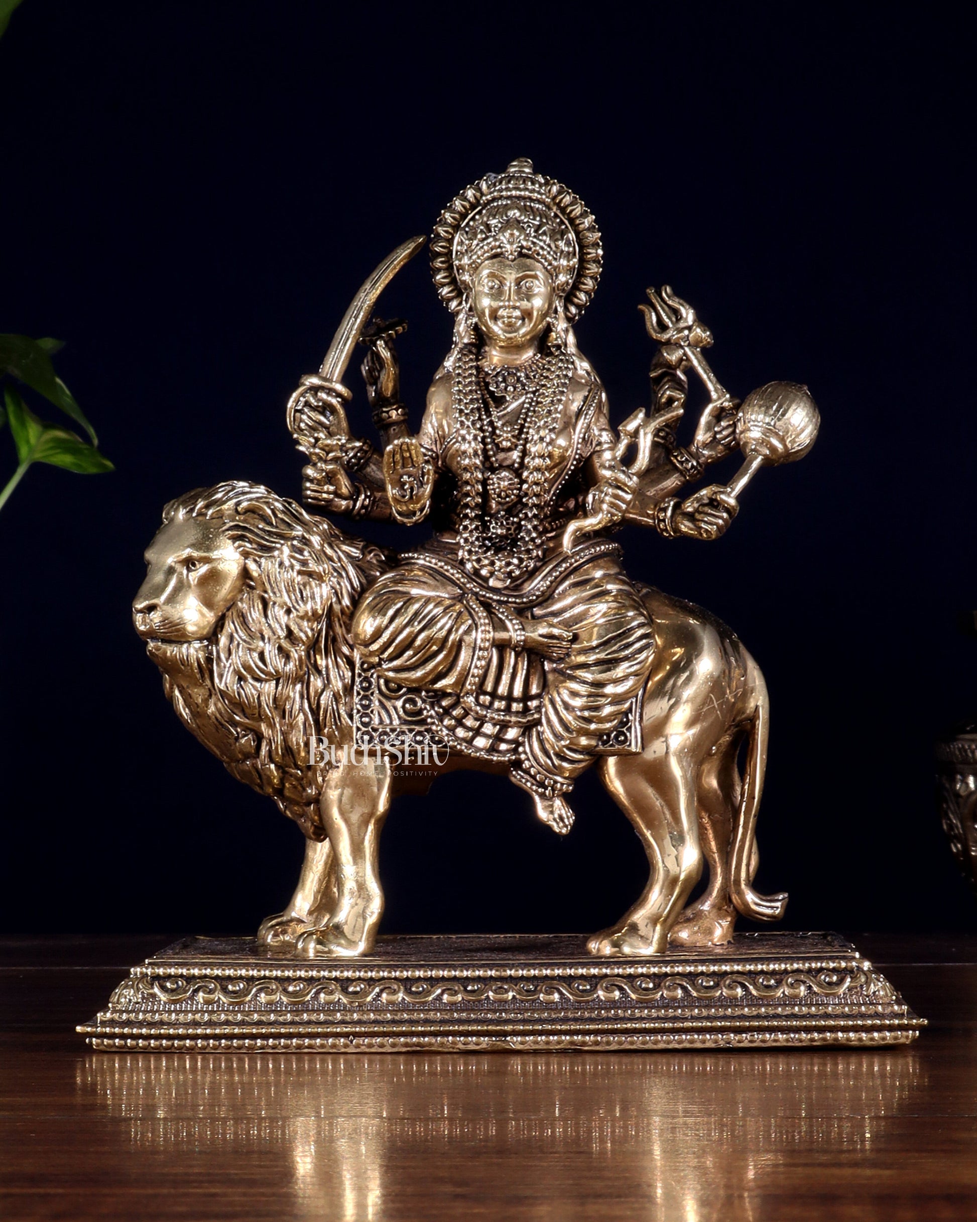 Brass Superfine Goddess Durga Idol – Sherawali Mata Murti with Base 7"