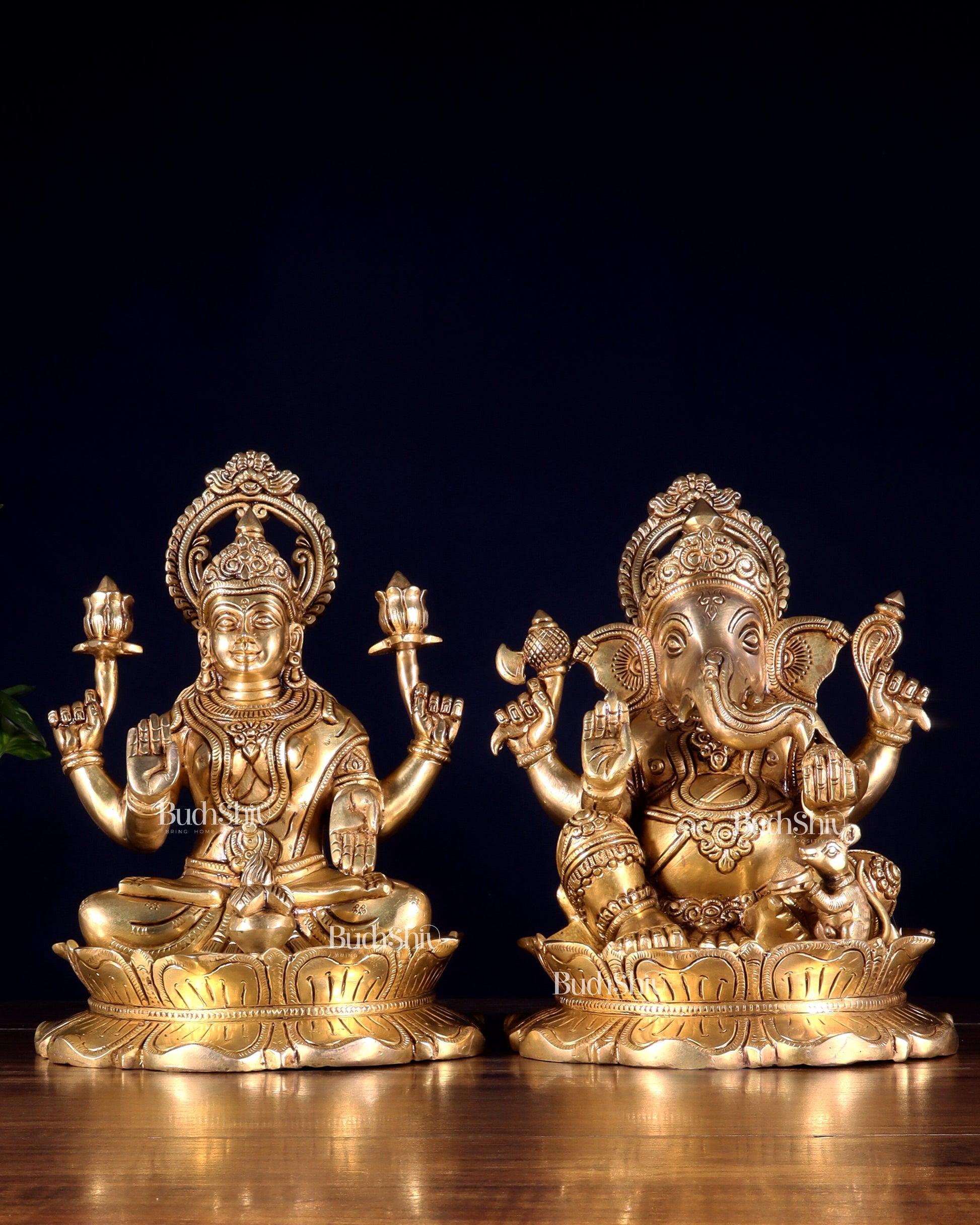 Brass Superfine Ganesha Lakshmi Idol Pair 10.5 inch