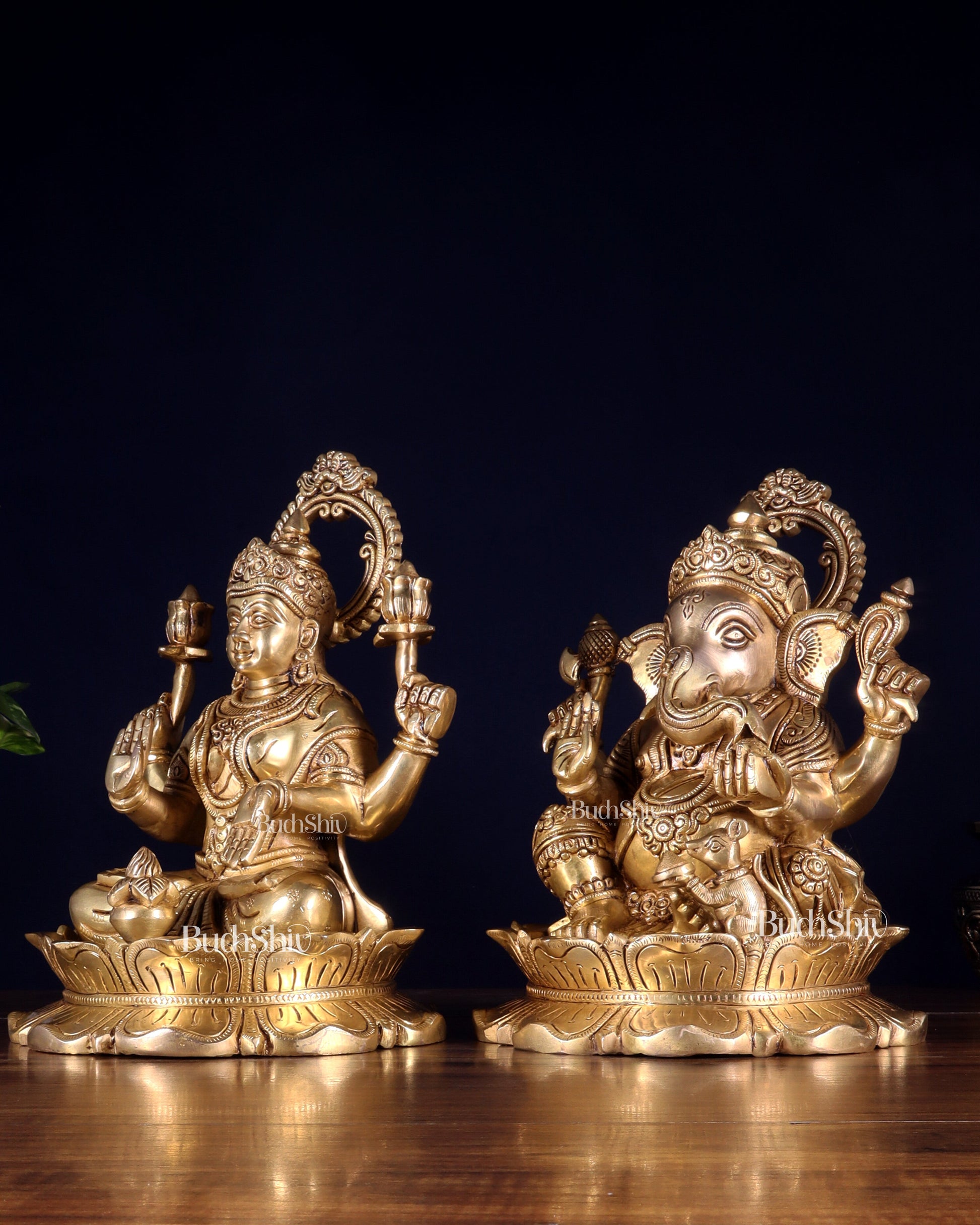 Brass Superfine Ganesha Lakshmi Idol Pair 10.5 inch