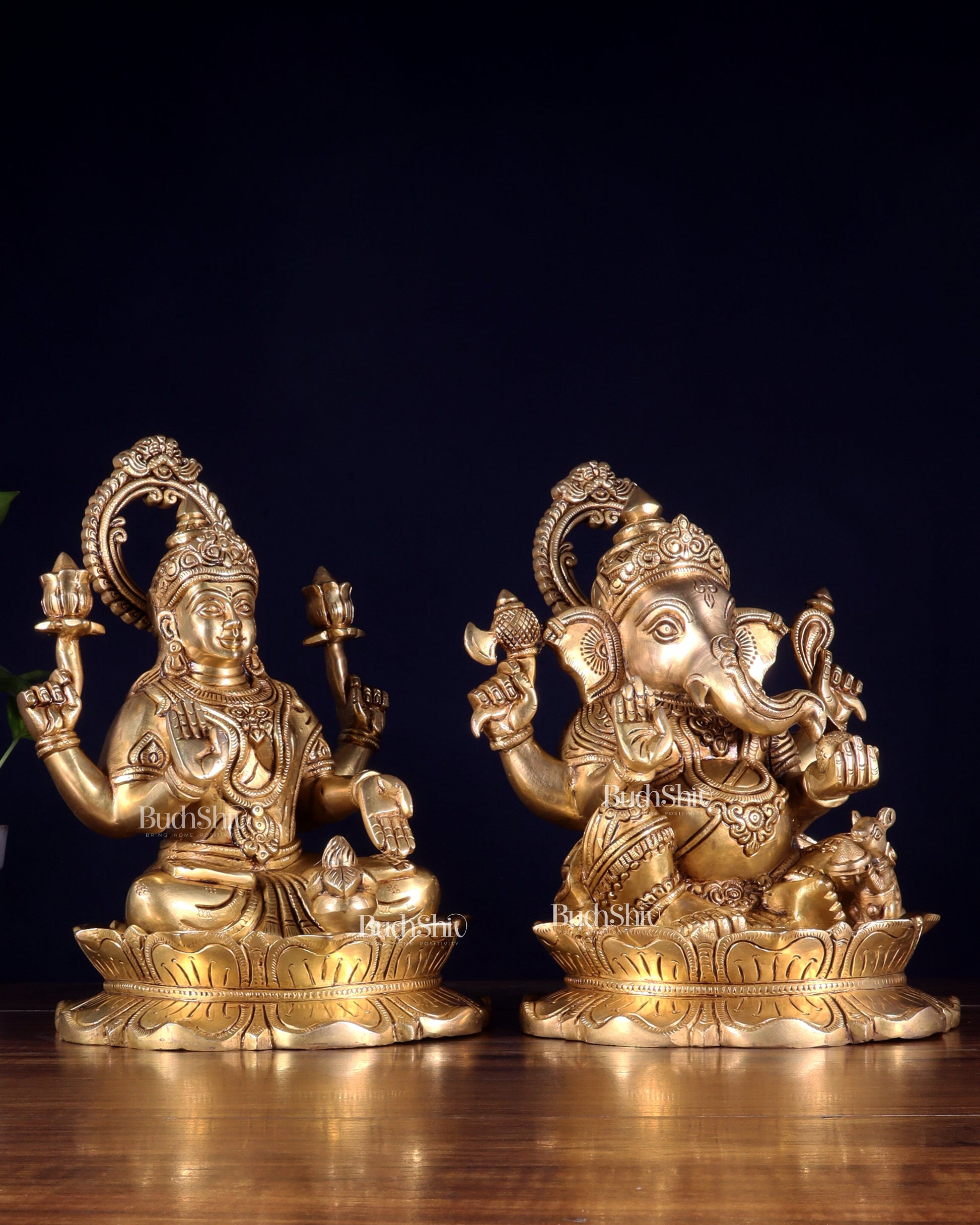 Brass Superfine Ganesha Lakshmi Idol Pair 10.5 inch
