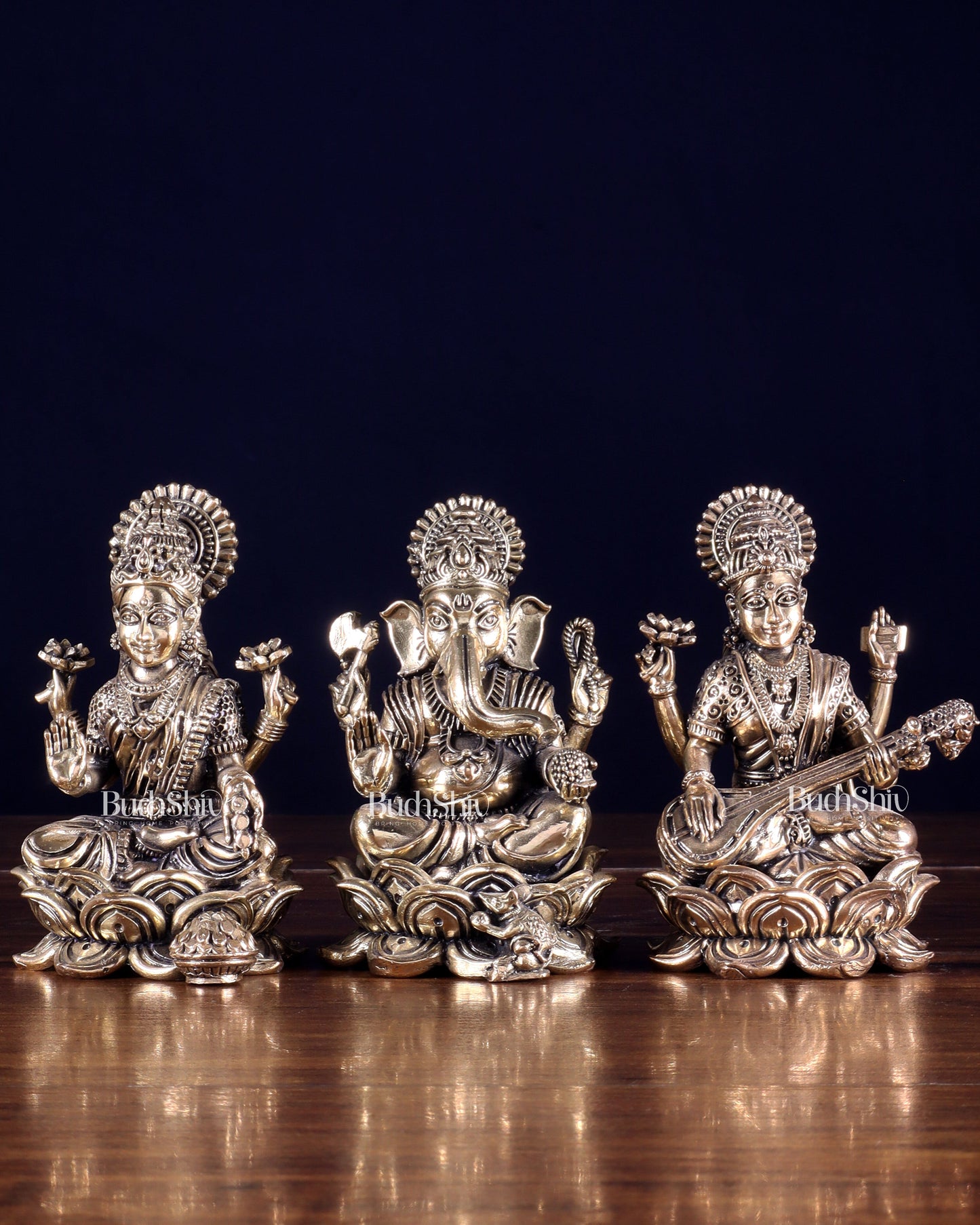 Brass Superfine Ganesha Lakshmi Saraswati Idol Set 4"