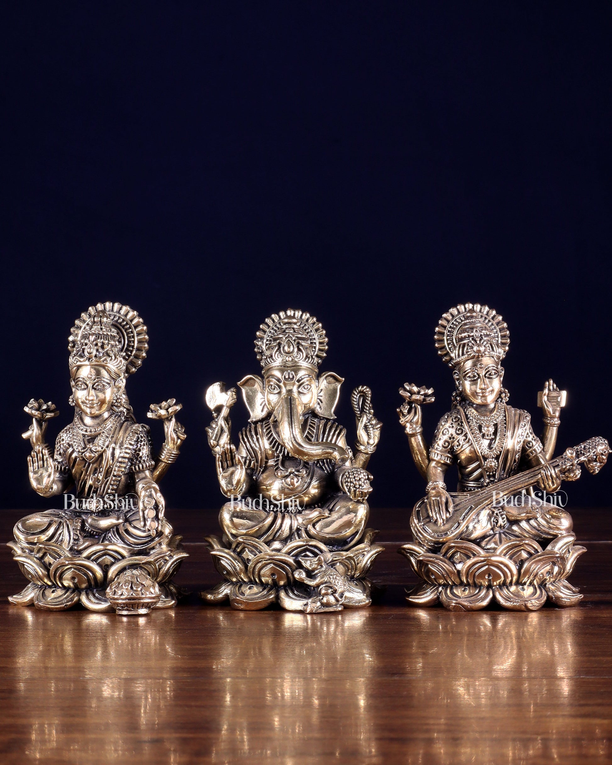 Brass Superfine Ganesha Lakshmi Saraswati Idol Set 4"