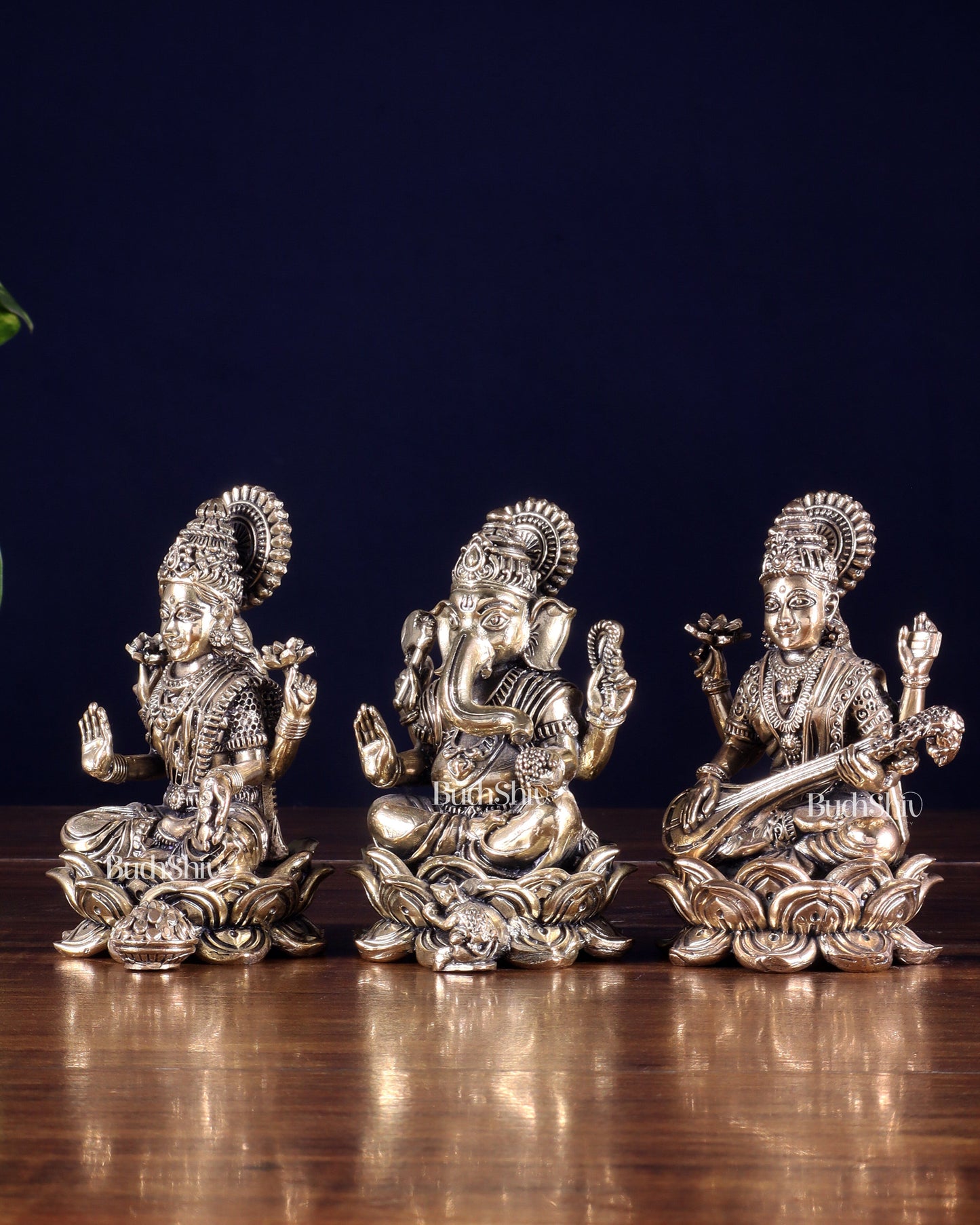 Brass Superfine Ganesha Lakshmi Saraswati Idol Set 4"