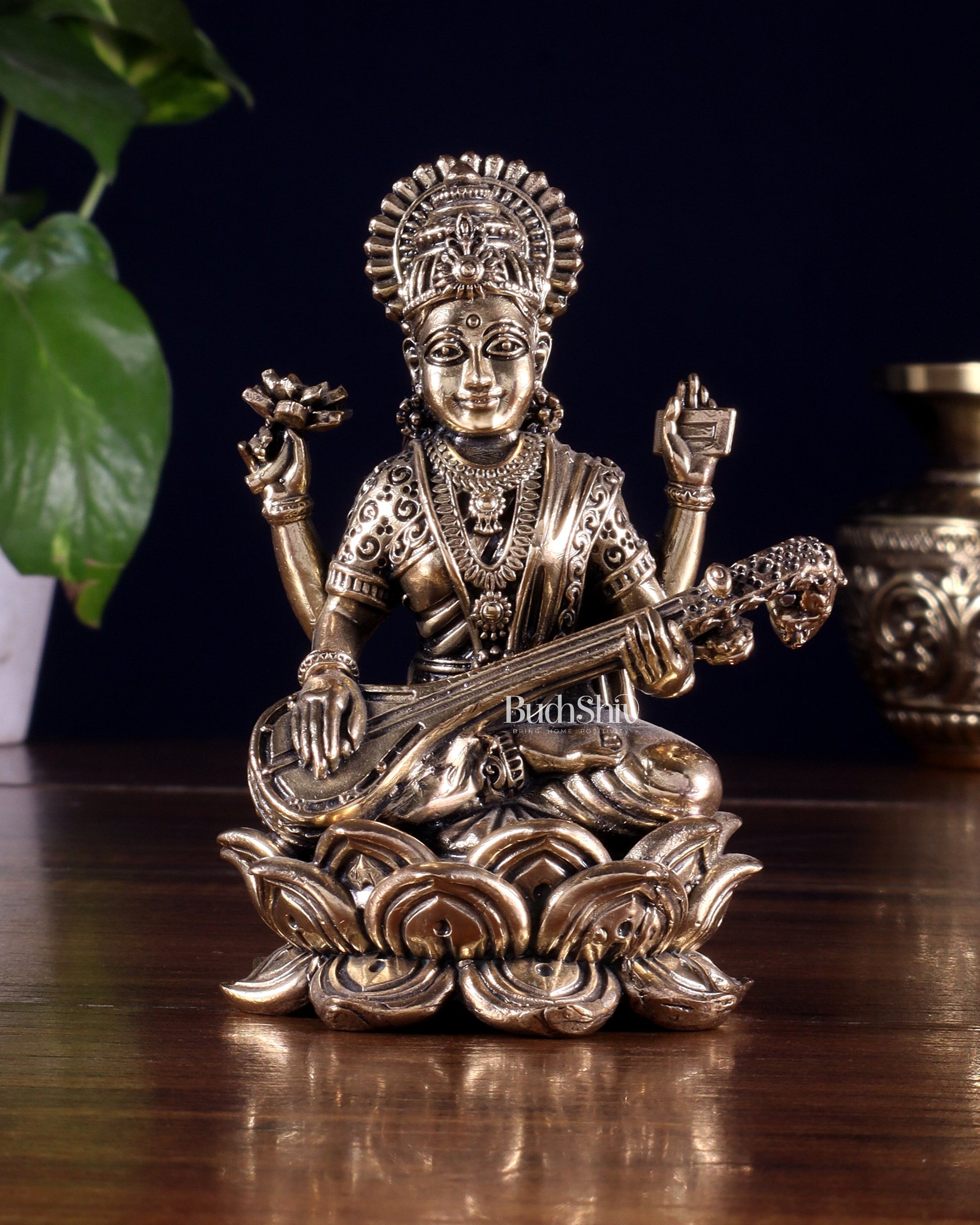 Brass Superfine Goddess Saraswati on Lotus Idol 4 inch