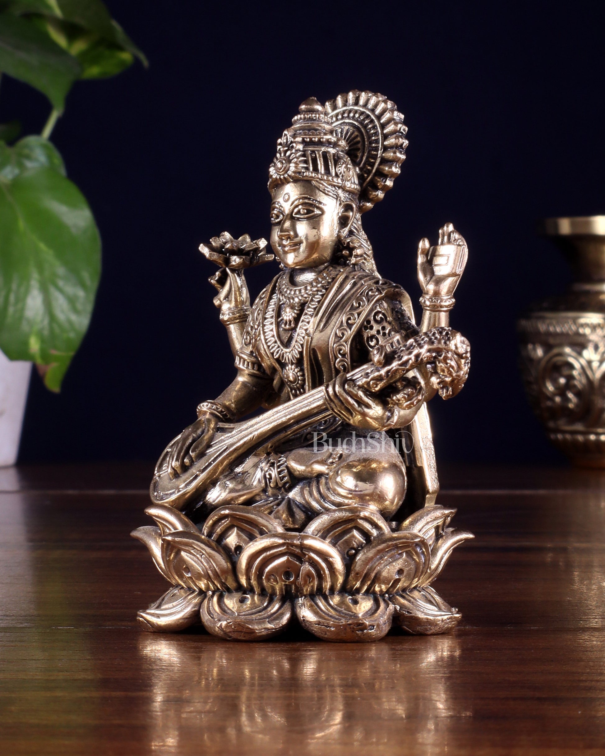 Brass Superfine Goddess Saraswati on Lotus Idol 4 inch