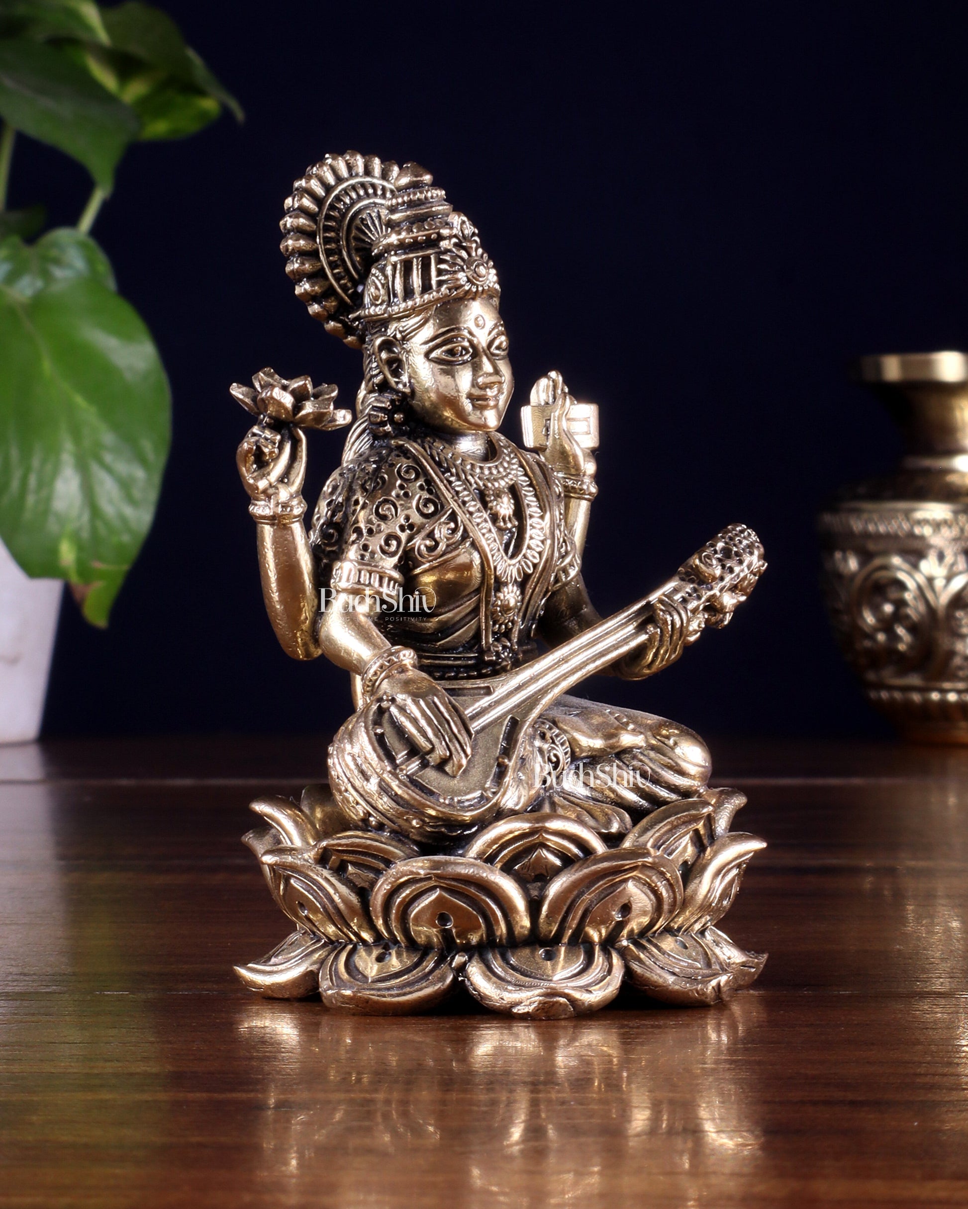 Brass Superfine Goddess Saraswati on Lotus Idol 4 inch