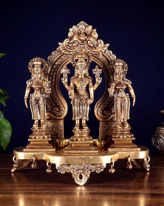 Pure Brass Tirupati Balaji with Bhudevi & Sridevi on Singhasan with Prabhavali – Complete Set 12 inch