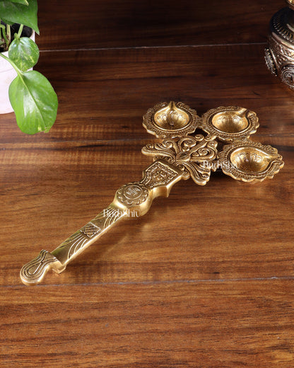 Brass Superfine aarti Triple Diya with Handle