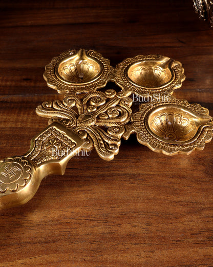 Brass Superfine aarti Triple Diya with Handle