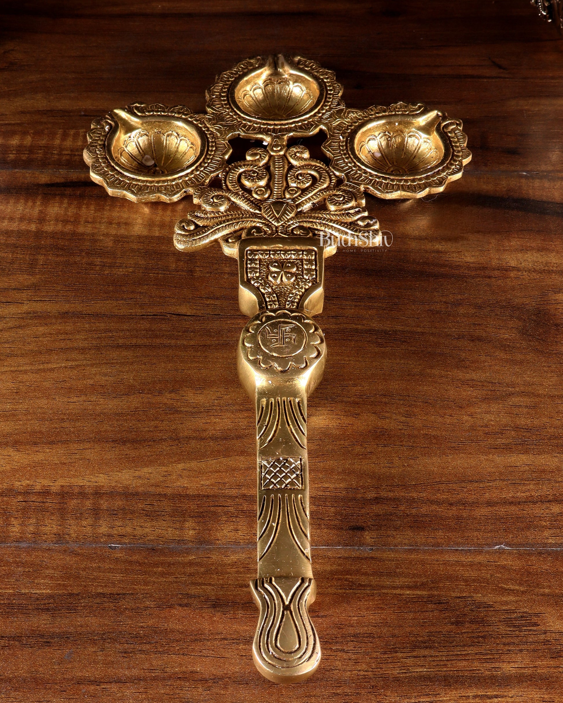 Brass Superfine aarti Triple Diya with Handle