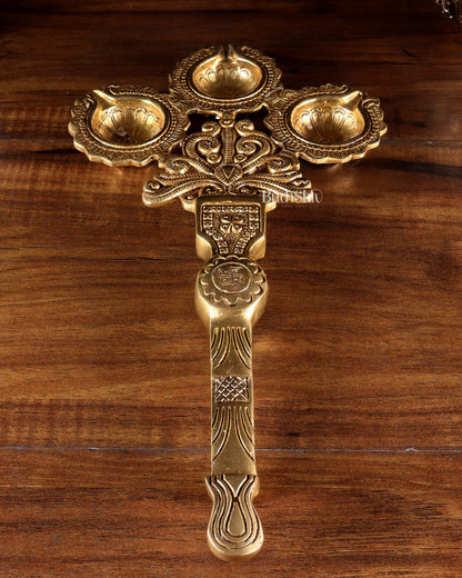 Brass Superfine aarti Triple Diya with Handle