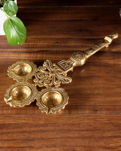 Brass Superfine aarti Triple Diya with Handle