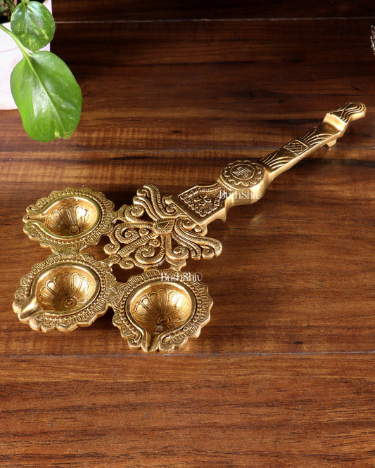 Brass Superfine aarti Triple Diya with Handle