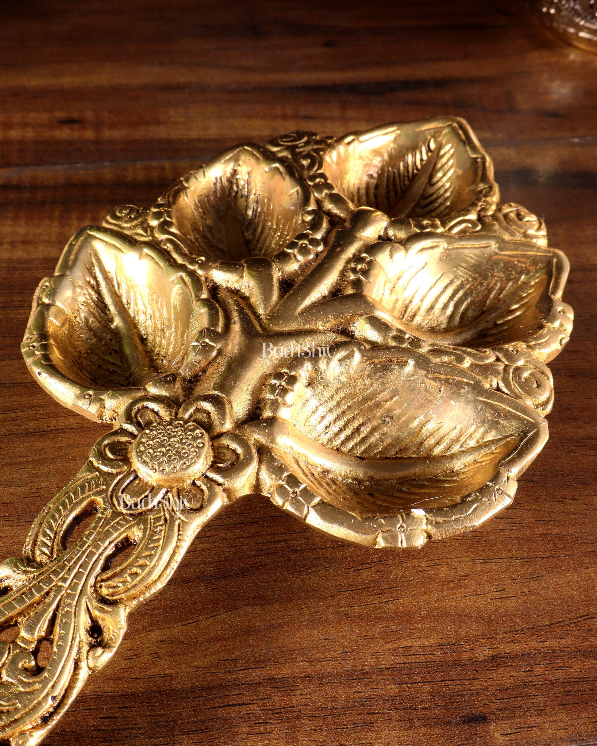 Brass Superfine panch Diya Aarti with Handle 9.5 inch