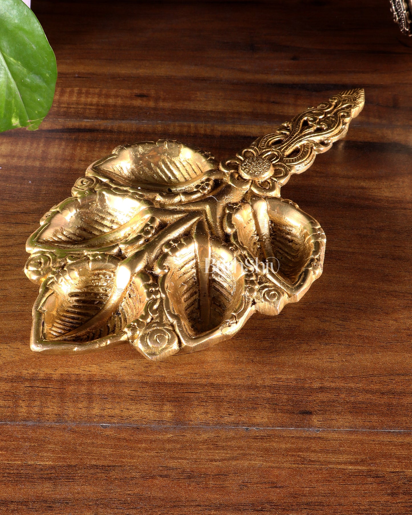 Brass Superfine panch Diya Aarti with Handle 9.5 inch