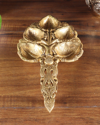 Brass Superfine panch Diya Aarti with Handle 9.5 inch