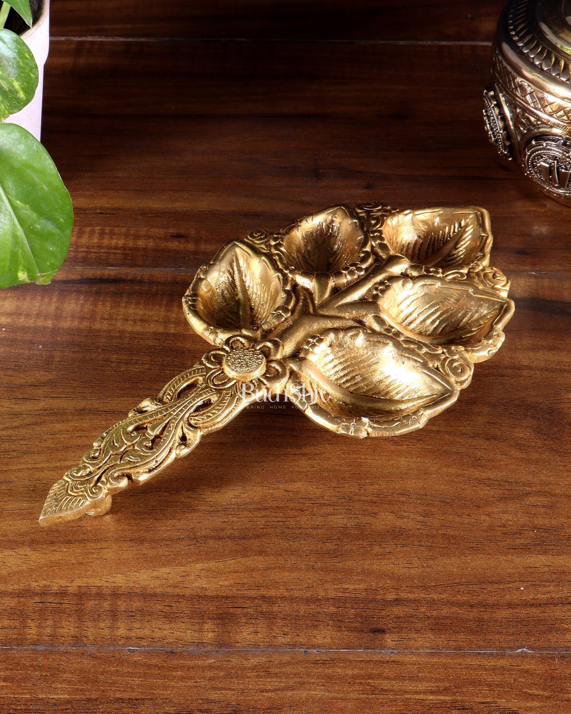 Brass Superfine panch Diya Aarti with Handle 9.5 inch