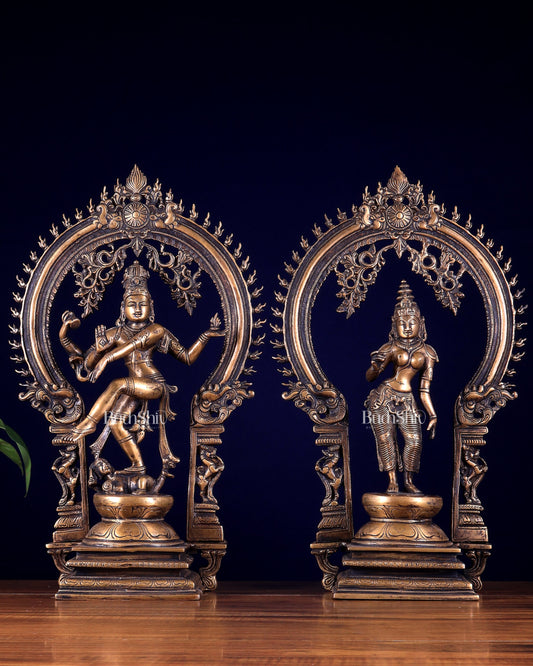 Pure Brass Dancing Shiva Nataraja with Goddess Parvati Sivagami – Antique Burnt Brass Finish 18 inch