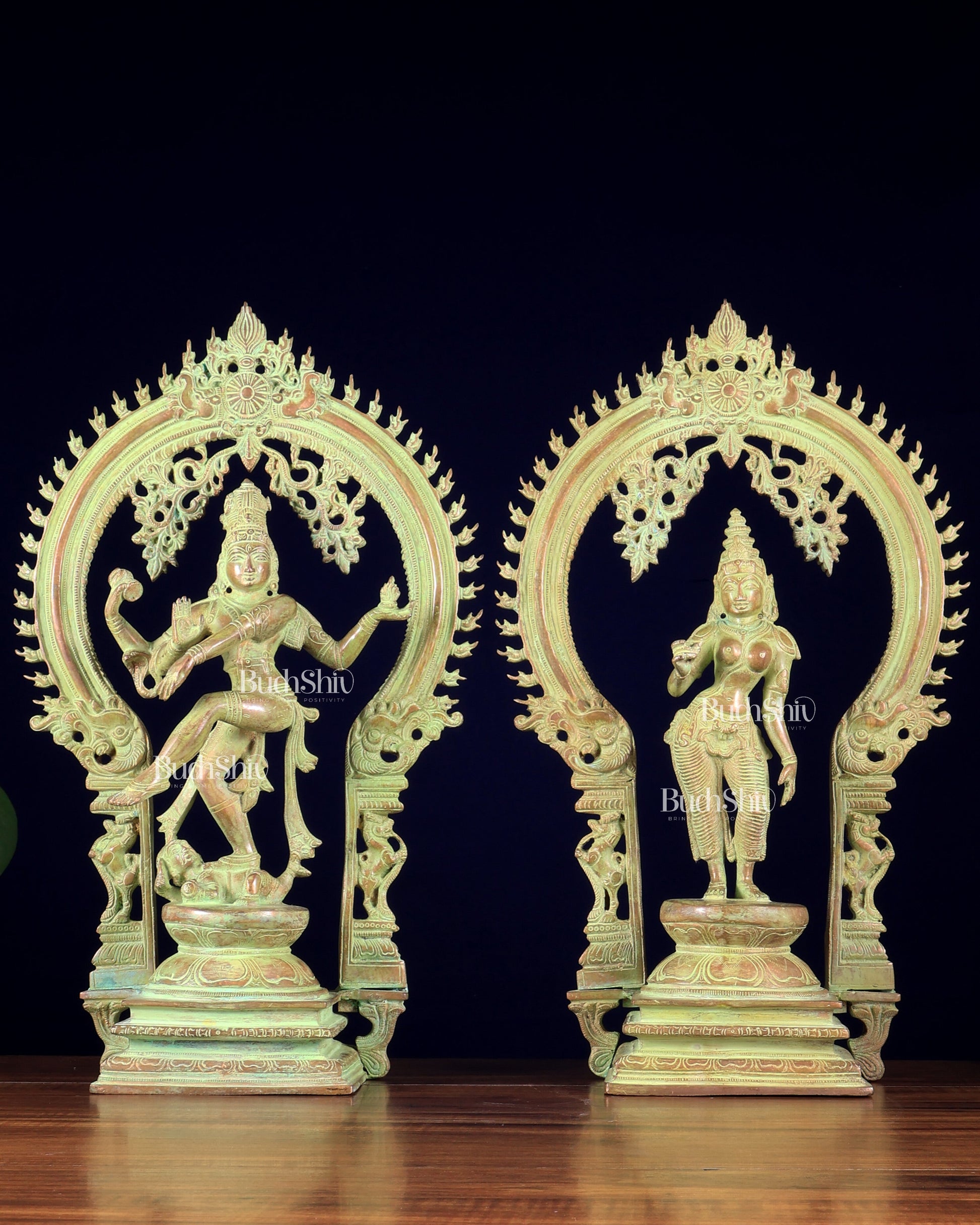 Pure Brass Dancing Shiva Nataraja with Goddess Parvati Sivagami – Green patina 18 inch