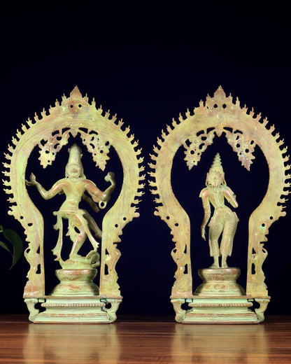 Pure Brass Dancing Shiva Nataraja with Goddess Parvati Sivagami – Green patina 18 inch