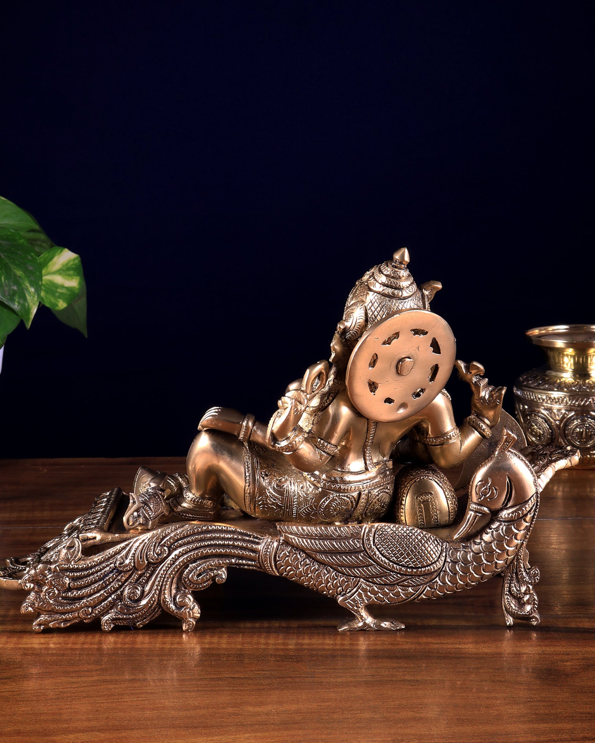 Matte gold Brass Lord Ganesha Statue on Peacock Throne – 11.5" enhanced carvings