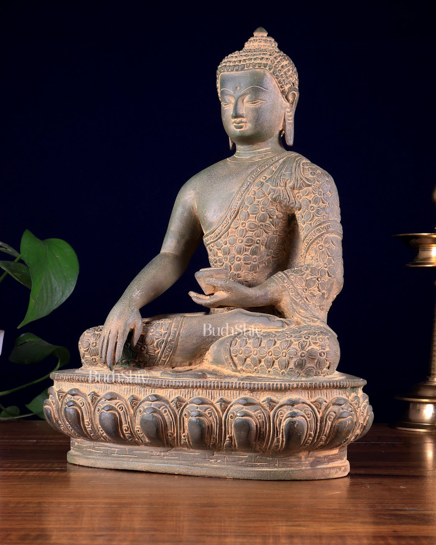Pure Brass blessing Buddha Sculpture - 13" antique sand finish