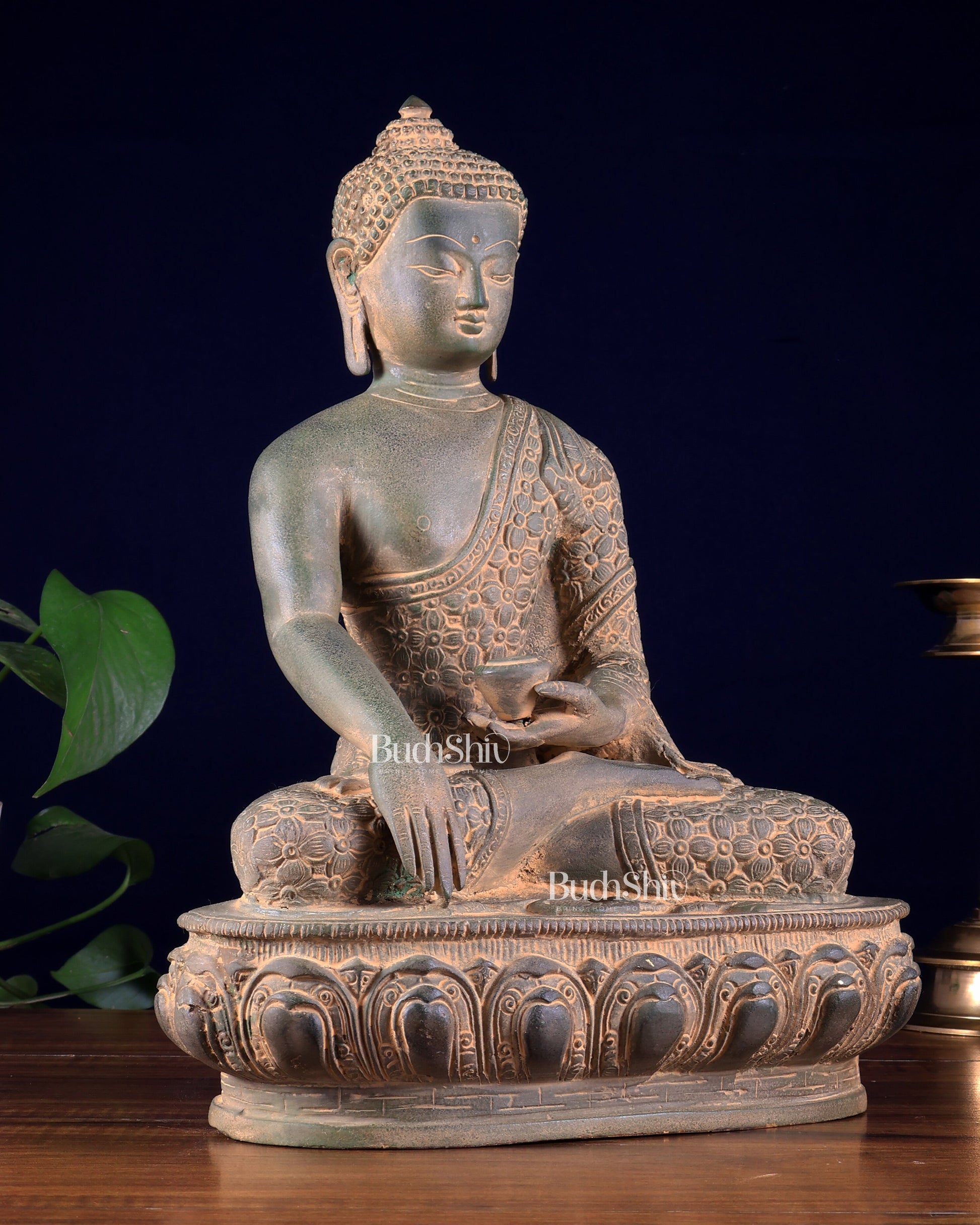 Pure Brass blessing Buddha Sculpture - 13" antique sand finish
