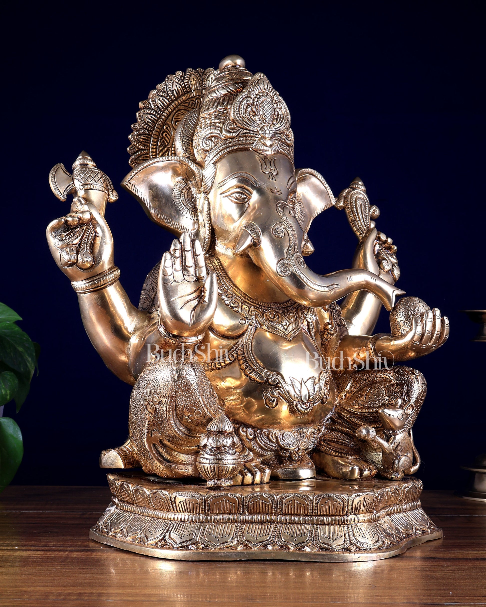 Pure Brass Lord Ganesha Statue with Enhanced Carvings 15.5 inch