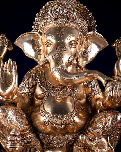 Pure Brass Lord Ganesha Statue with Enhanced Carvings 15.5 inch