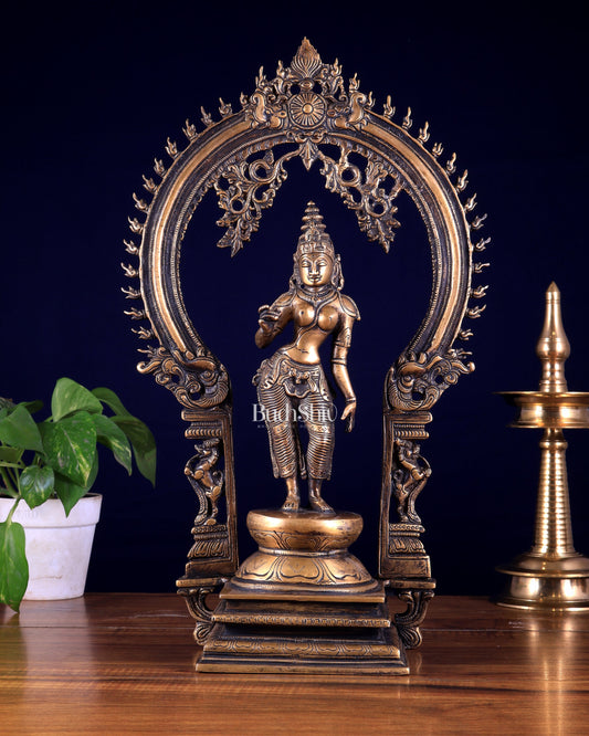 Pure Brass Standing Parvati with Prabhavali – Bhoga Shakti Idol (Antique Burnt Brass Finish) 18 inch