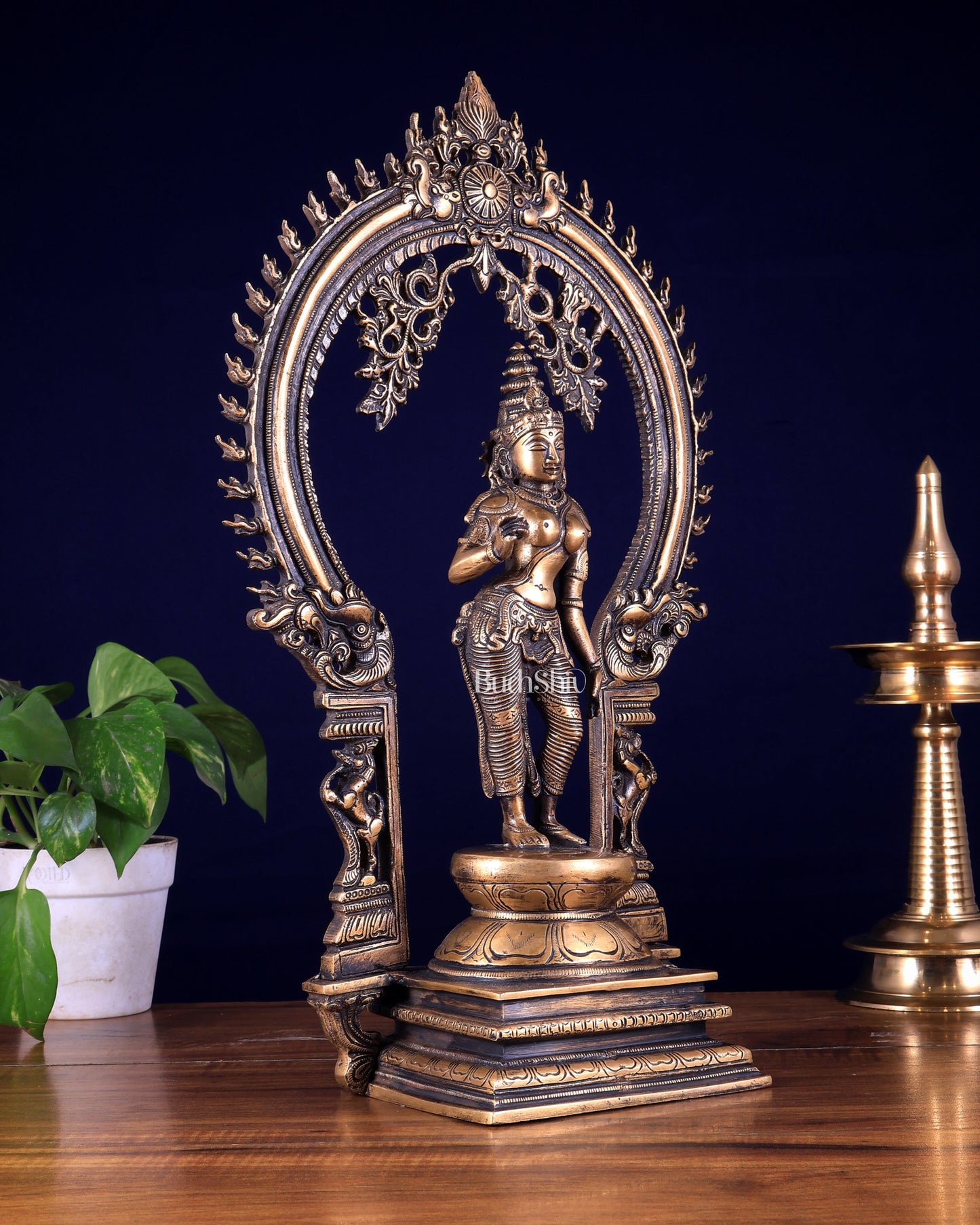 Pure Brass Standing Parvati with Prabhavali – Bhoga Shakti Idol (Antique Burnt Brass Finish) 18 inch