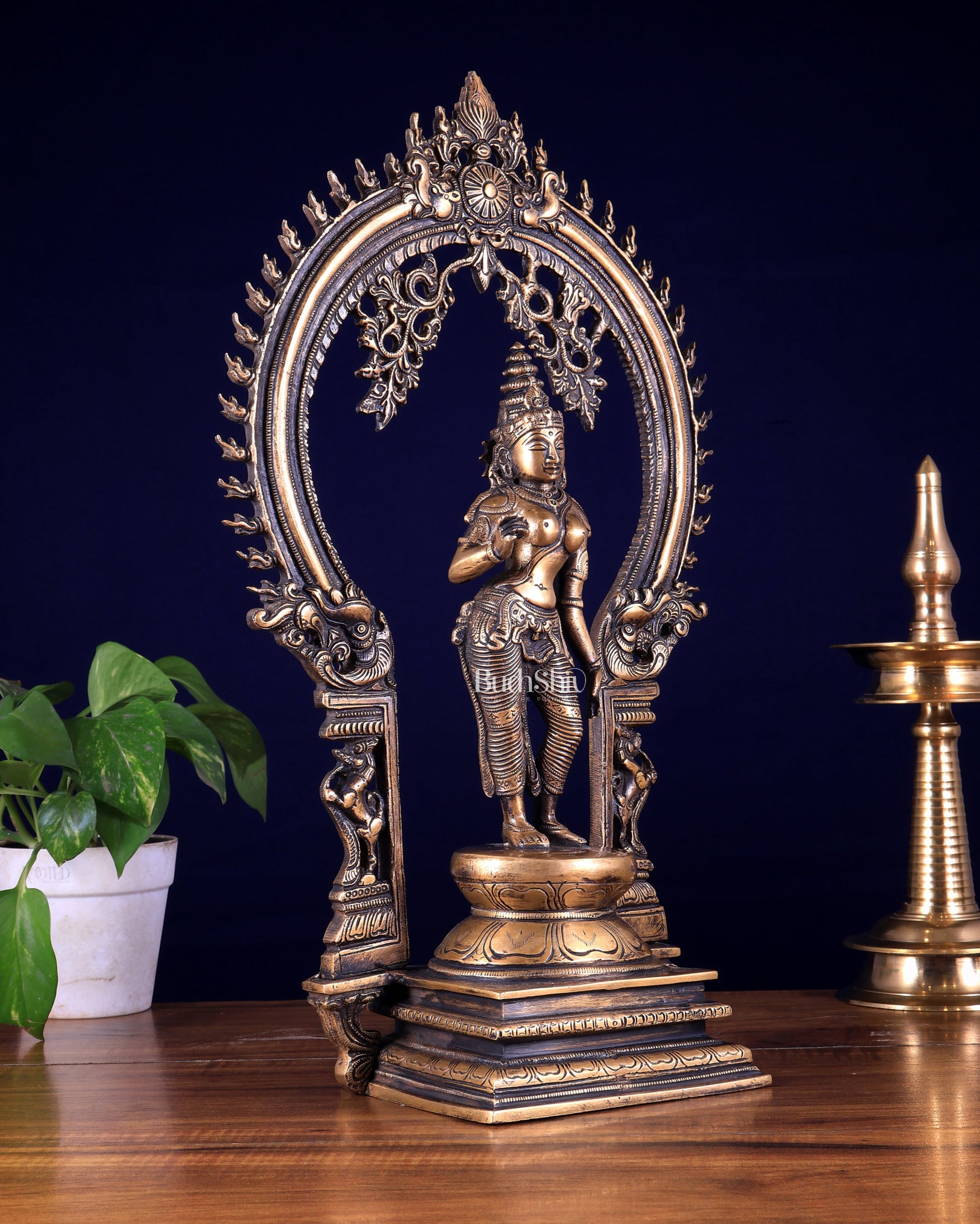 Pure Brass Standing Parvati with Prabhavali – Bhoga Shakti Idol (Antique Burnt Brass Finish) 18 inch