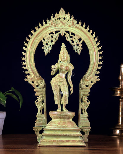 Pure Brass Standing Parvati with Prabhavali – Bhoga Shakti Idol (Green Sand Patina Finish) 18 inch